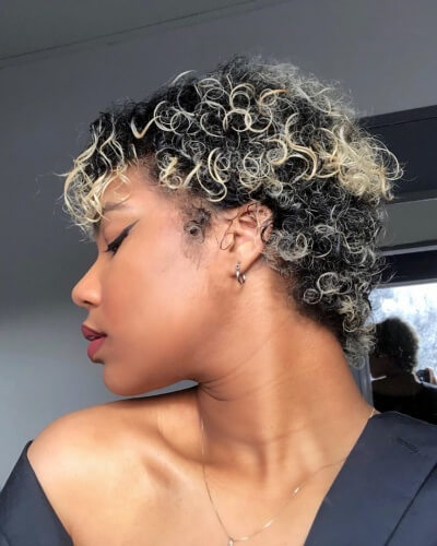 Platinum Tips and Dark Roots Short Messy Curly Hairstyle