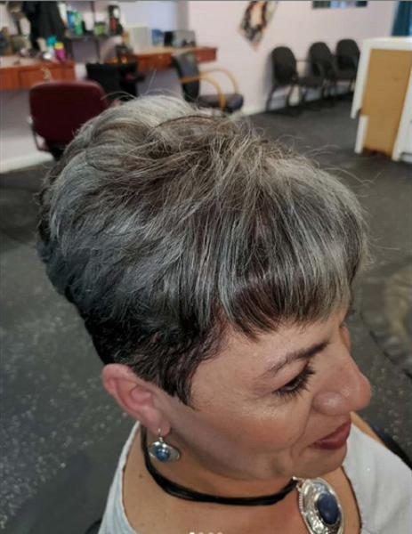 Grey Wedge Haircut with Blunt Bangs