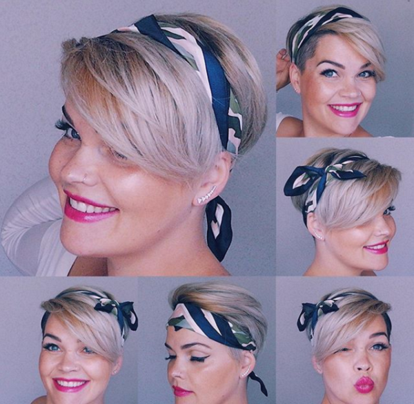 Side-parted pixie cut with head scarf