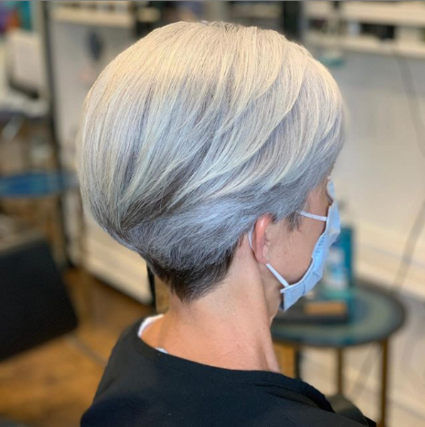 Silver Wedge Haircut with Short Bangs and Nape