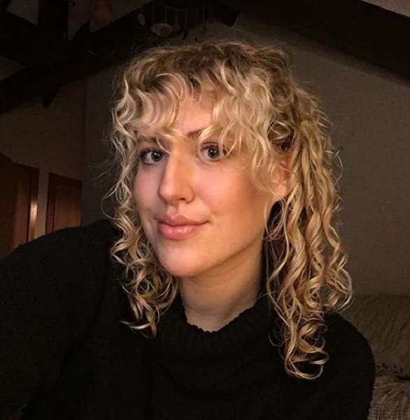 Blonde Medium & Curly Hairstyle with Long Curly Bangs for Thin Hair