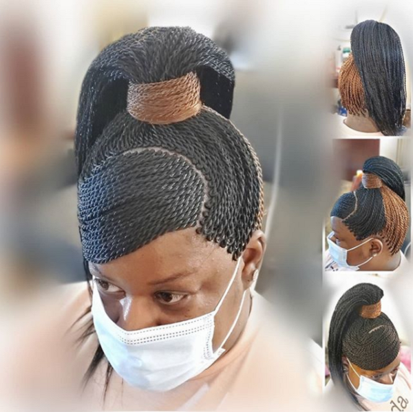 Senegalese Twists High Up Do with Sleek Side-Parted Bangs
