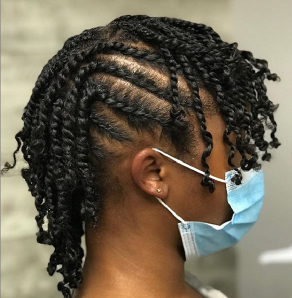 Senegalese Twists with Cornrow Sides, Bangs, and Long Nape Area
