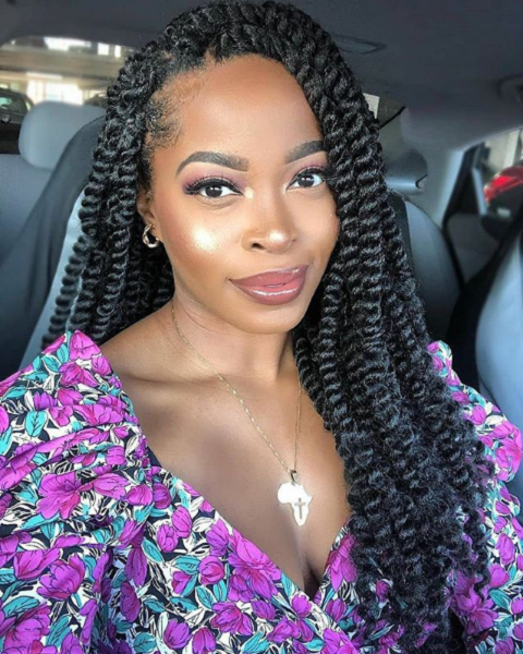 Side-Parted Senegalese Twists with Curly Ends