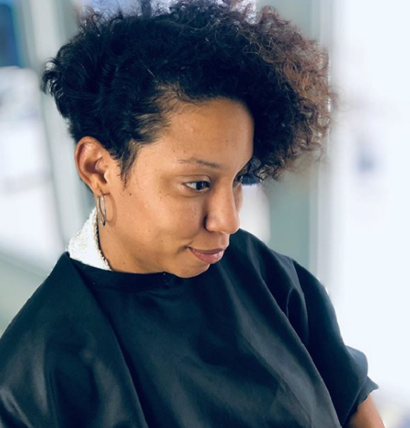 Afro Curly Faded Pixie Cut with Side-Parted Long Bangs