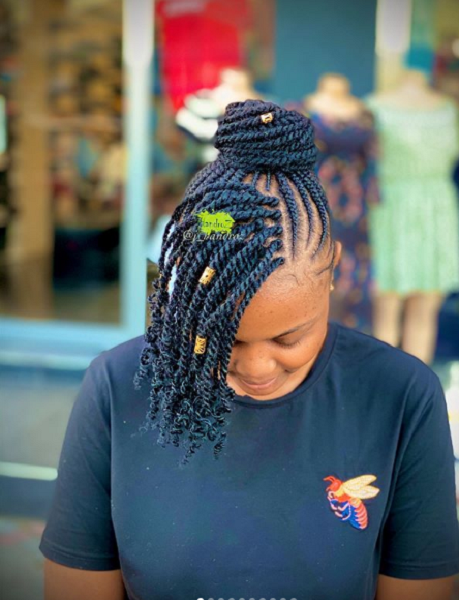 Kinky Twists High Bun with Side-Parted Bangs
