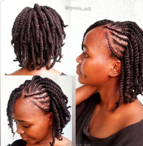 Short Kinky Twists with Side Bangs and Side Pattern