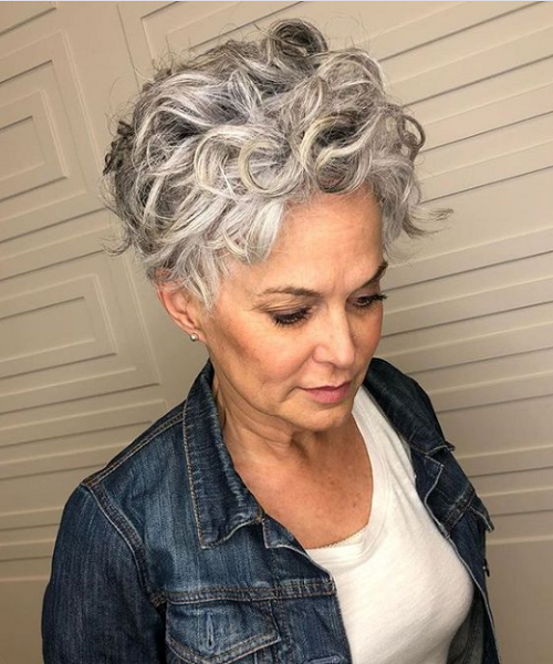 Silver Curly Pixie Cut with Long Bangs for All Ages