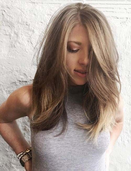 Side-Parted Straight Medium-Length Layered Dirty Blonde Hairstyle