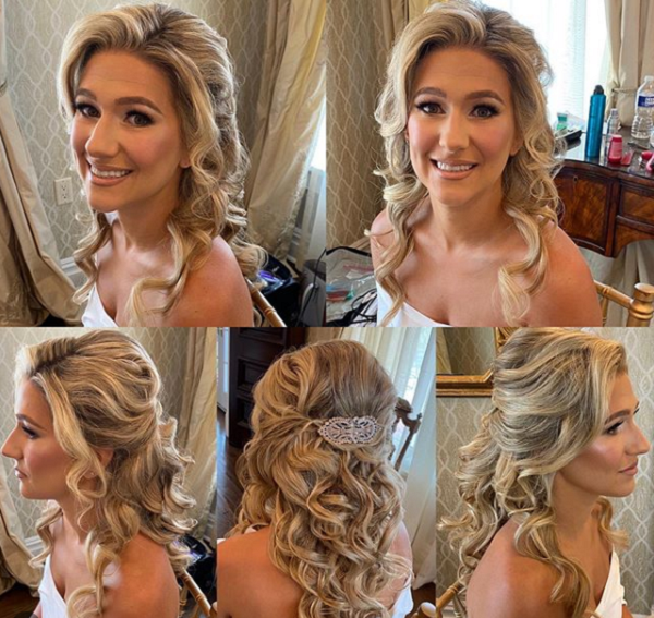 Wavy Half Up Half Down Formal Hairstyle with Side-Parted Bangs
