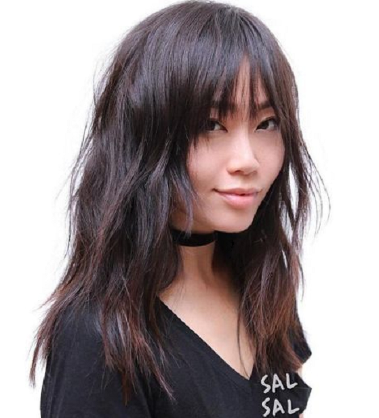 Long Shag Hairstyle with Blunt Bangs