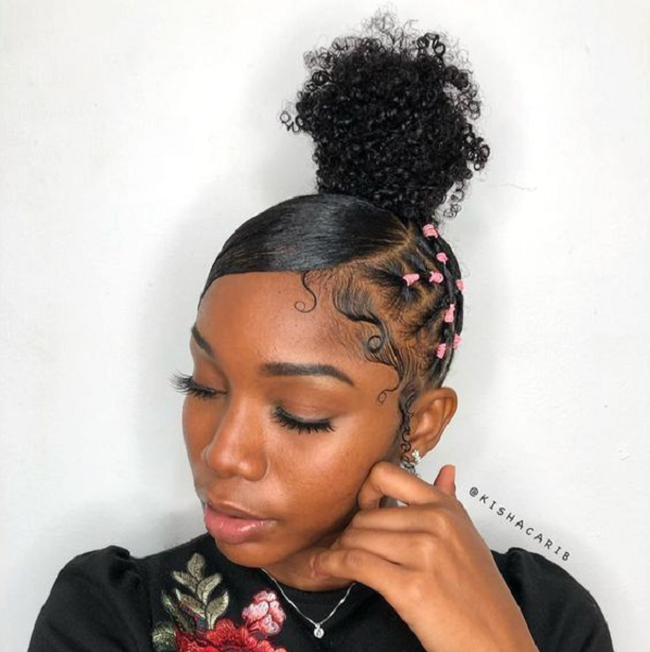 Super High Curly Rubber Band Bun with Sleek Side-Parted Bangs and Side Cornrows