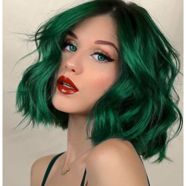Witchy Wavy Green Lob Prom Hairstyles For Short Hair