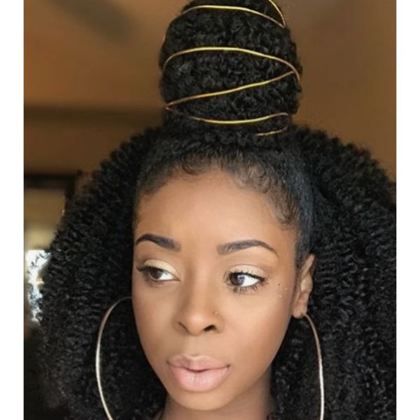 Gold-Wrapped Bow Half Updo For Natural Hair 