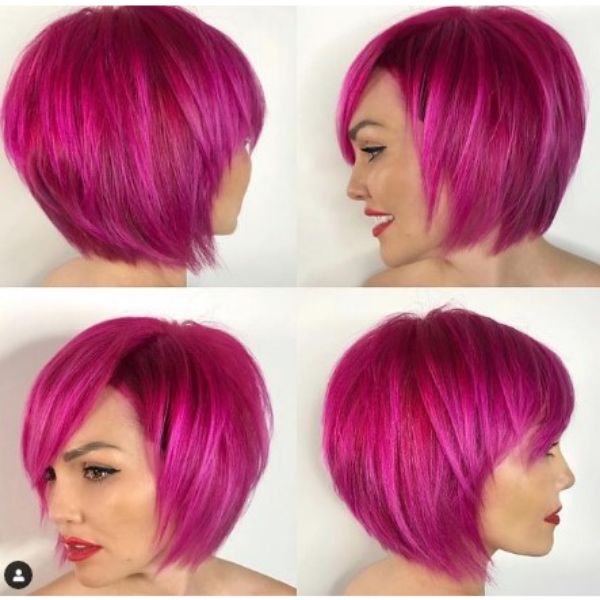 Fuchsia Pink Medium Bob Haircut With Side-swept Fringe