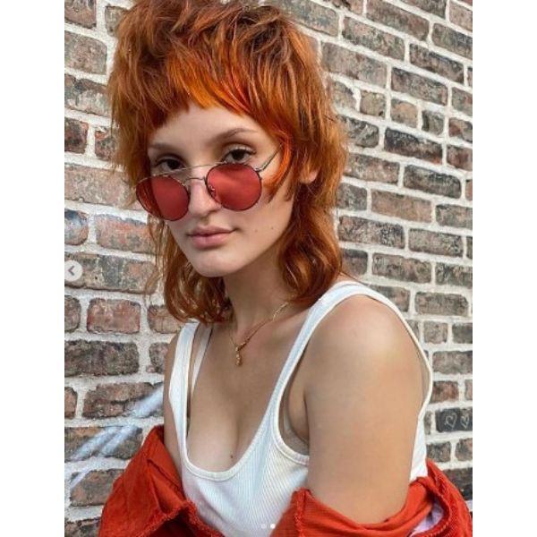 Razor Mulllet Haircut With Copper And Red Highlights Medium Shaggy Wispy Haircuts