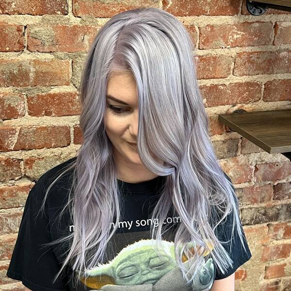 Glossy Gray Platinum Blonde Hairstyles - a girl wearing printed shirt.
