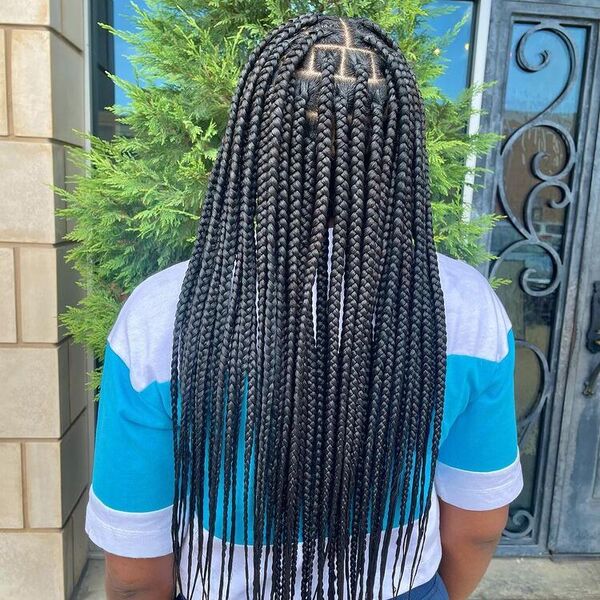 Medium Knotless Braids Hairstyles- a woman wearing a blue and white shirt.