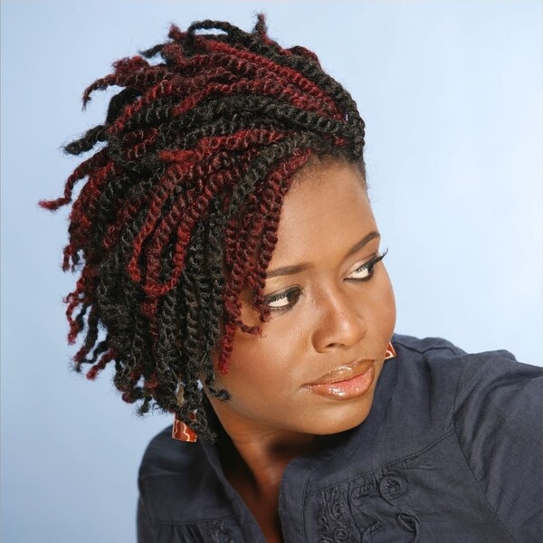 Twists for Red and Black on a Short Hair - a woman wearing a gray blouse