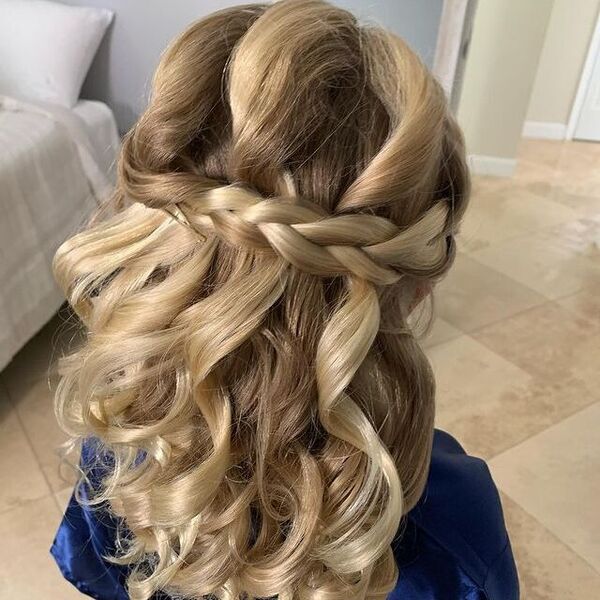 Braided Updo with Blonde for Flower Girl - a woman wearing a blue bath rub