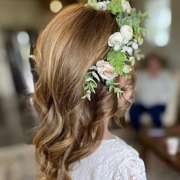 Soft Curls with Flower Crown - a woman wearing a white dress